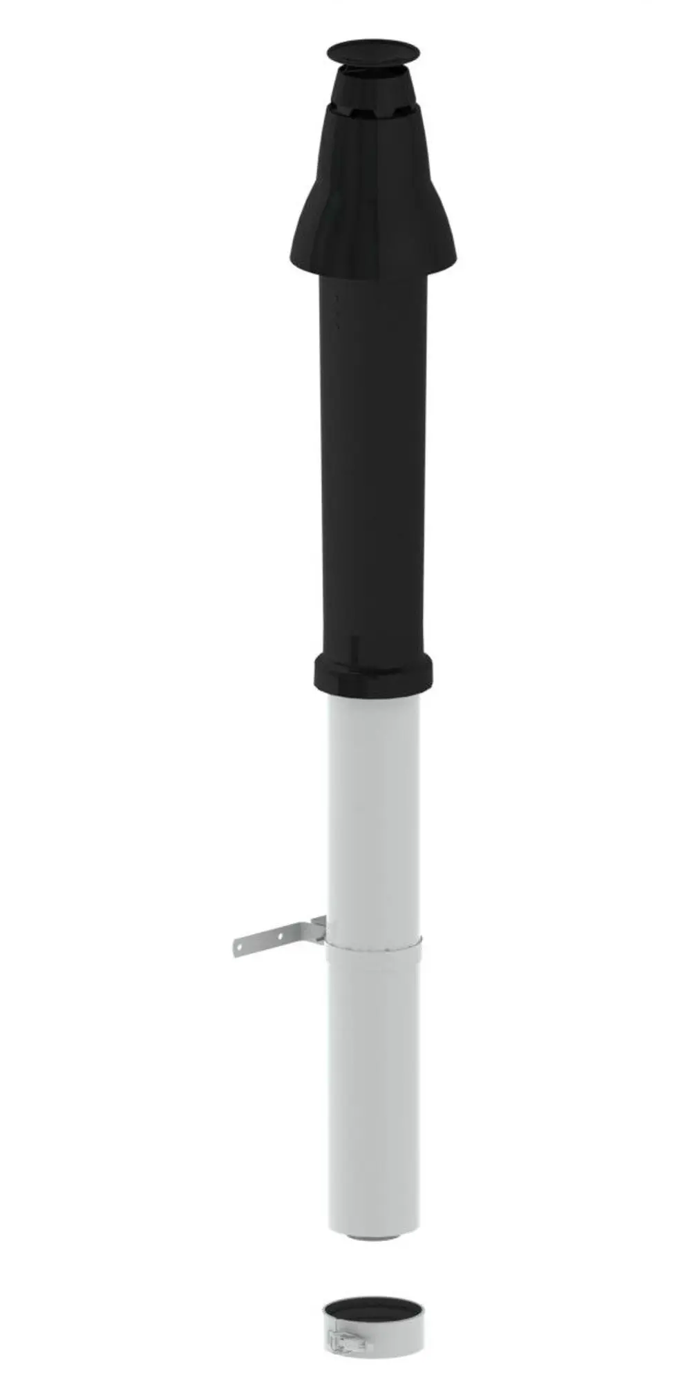 Konzentrische Dachdurchführung in anthrazit, bestehend aus einem oberen und unteren Teil, montiert an einem Wandbalken. Produkt von Remeha.